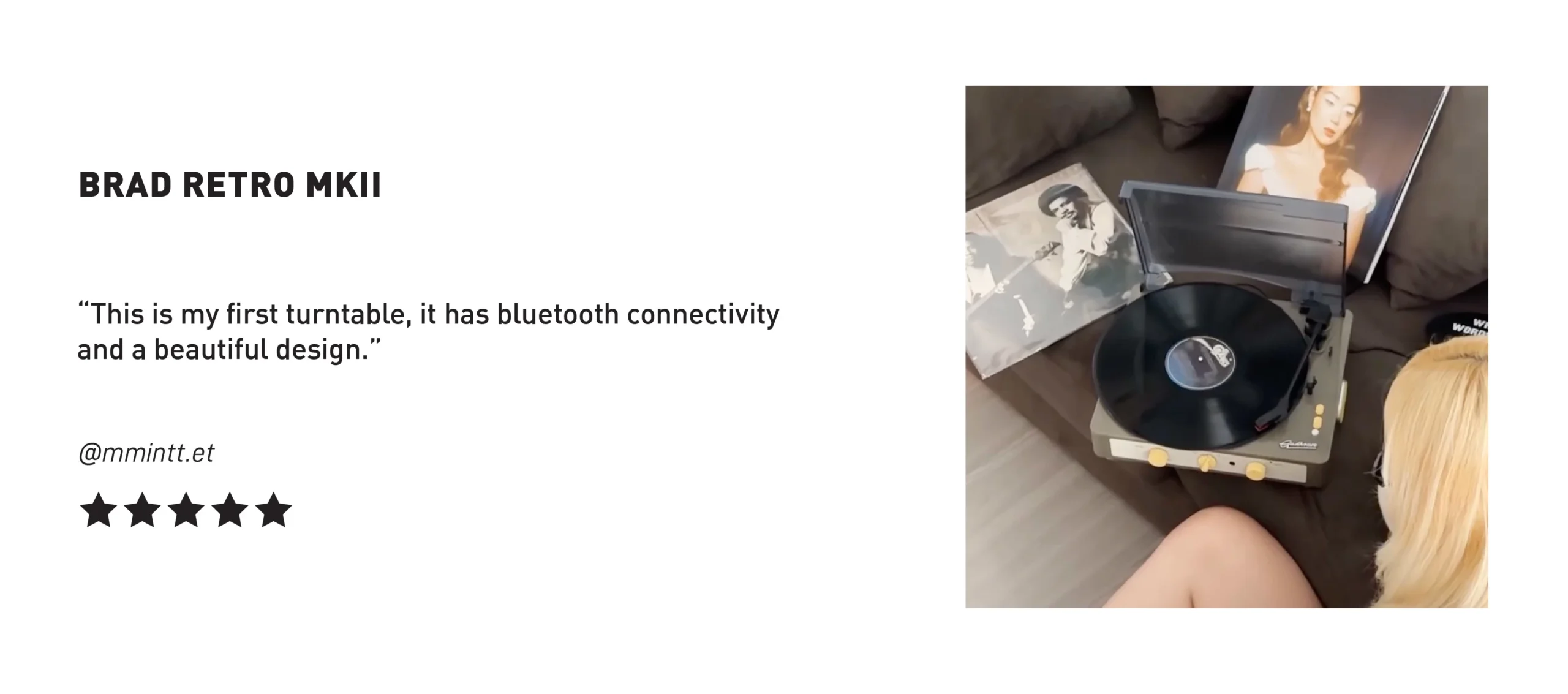 Gadhouse Brad Retro MKII turntable in use, playing a vinyl record on a sofa with album covers in the background, reviewed by @mmintt.et