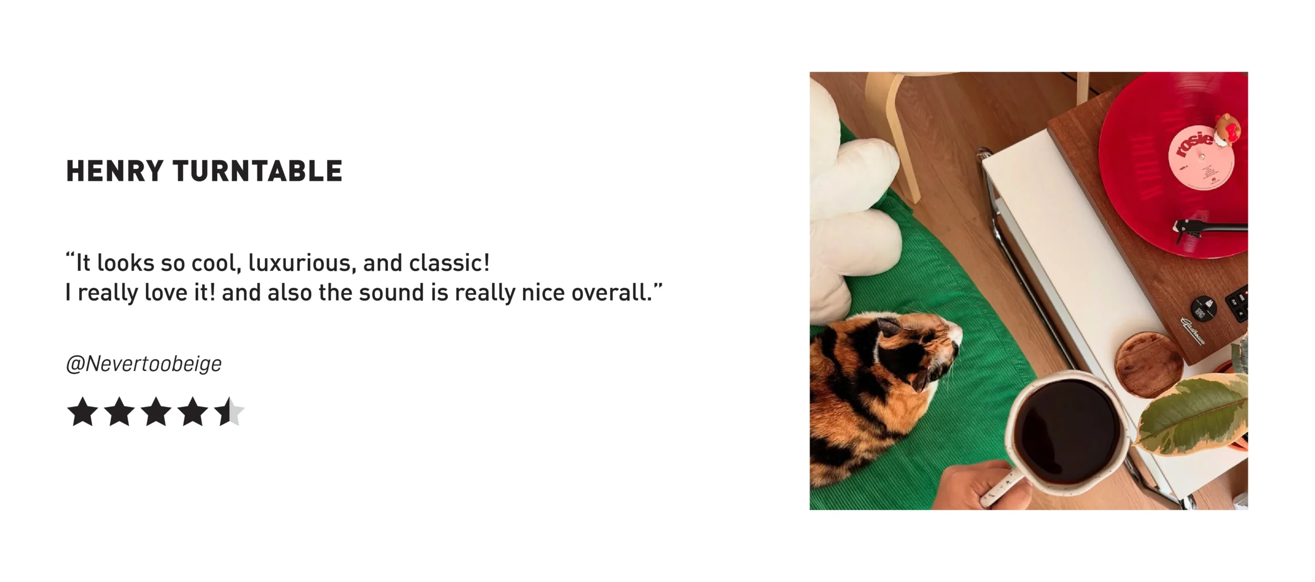 Gadhouse Henry Turntable playing a red vinyl record on a wooden cabinet, with a cozy interior setup and review by @Nevertoobeige