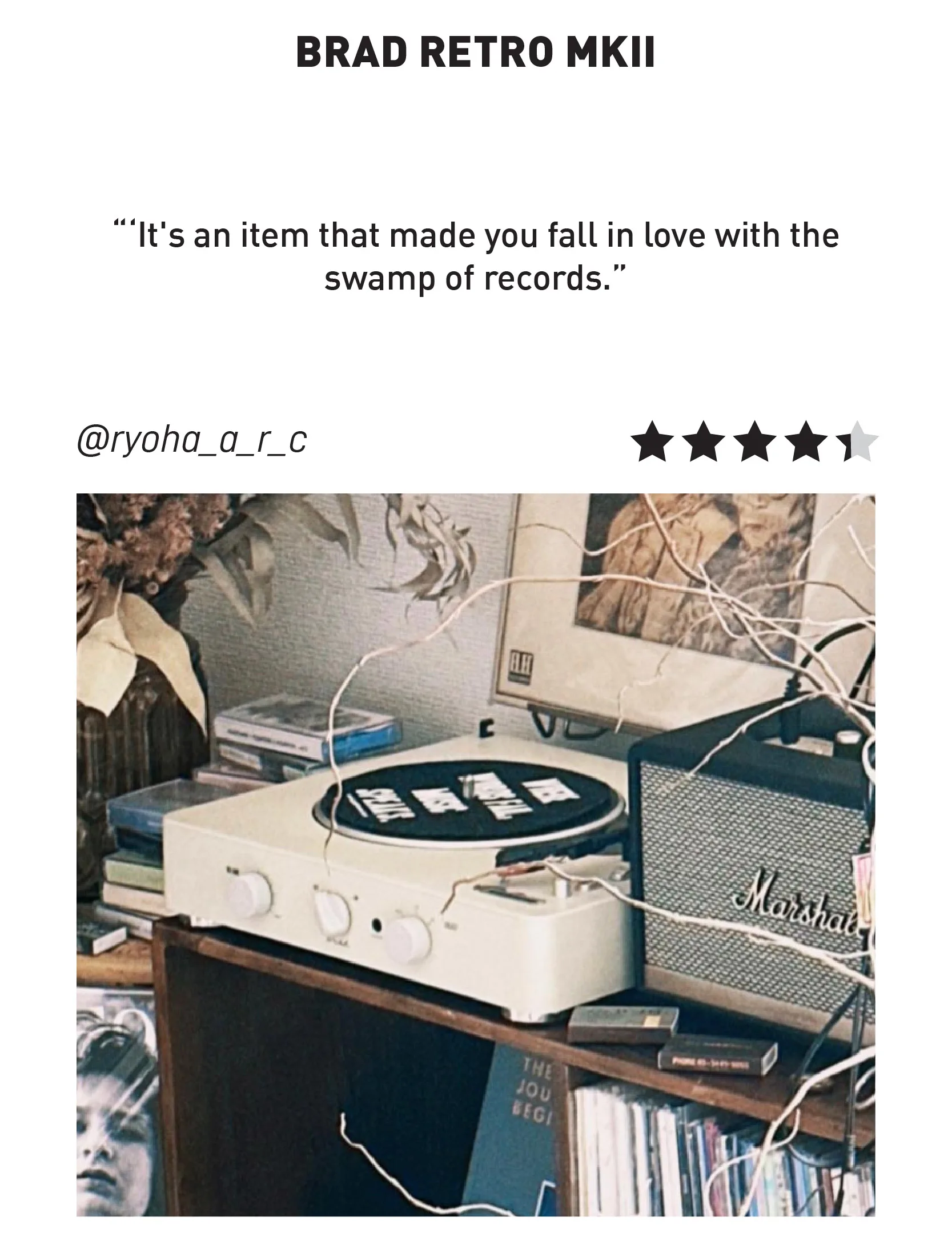 BRAD RETRO MKII turntable in a vintage-style room setup with a Marshall speaker and a partial 4-star rating.