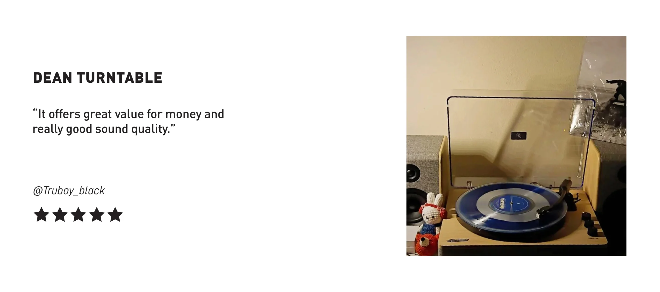 Dean Turntable product review from user Truboy_black showing a blue vinyl record.
