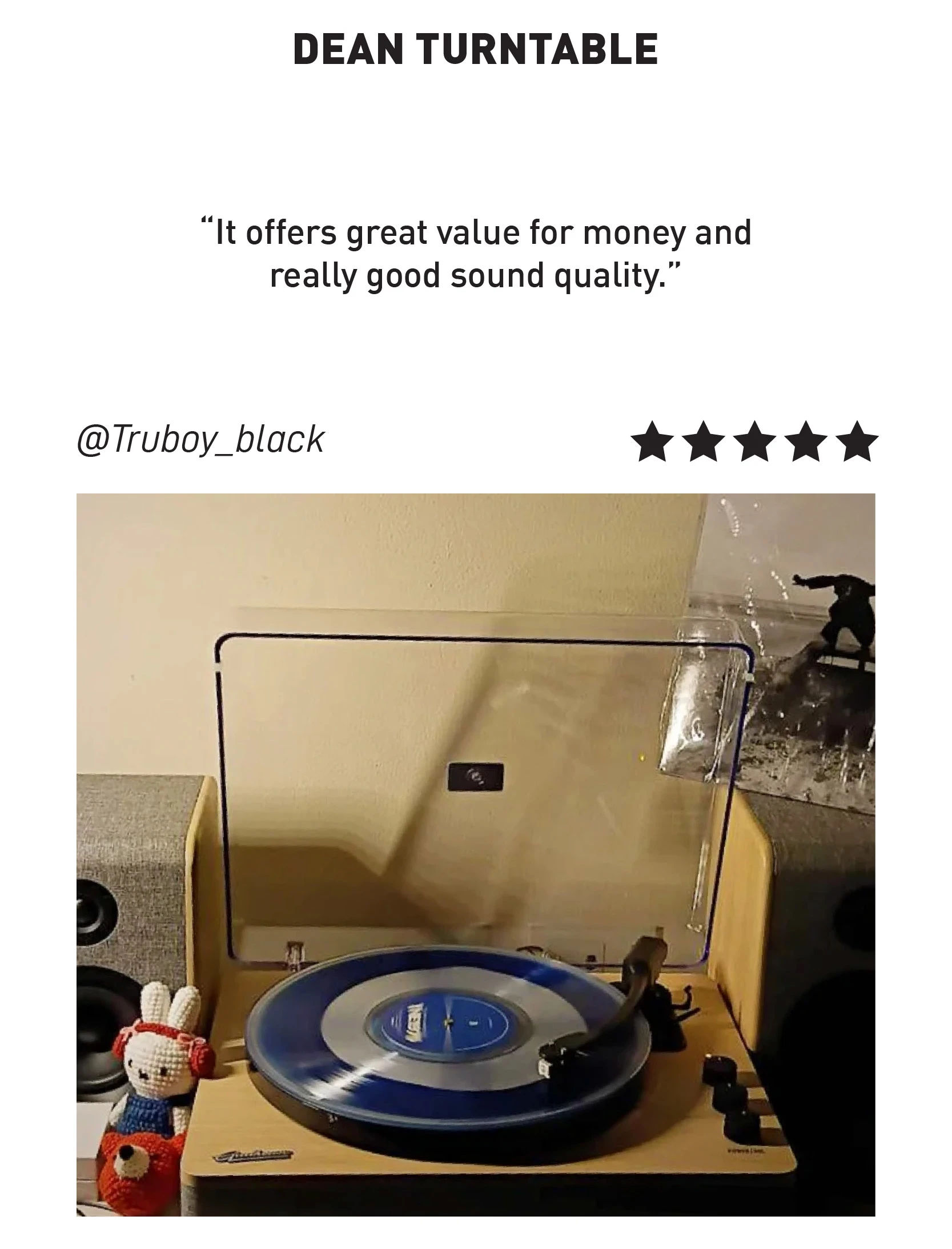 Dean Turntable product review from user Truboy_black showing a blue vinyl record.