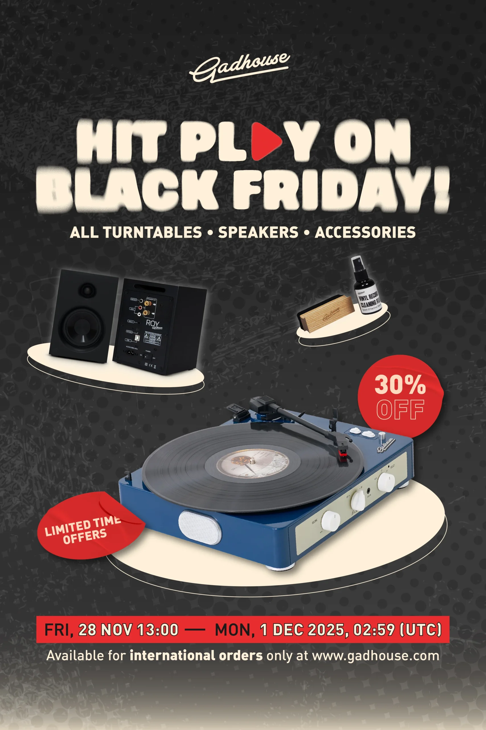 Gadhouse Black Friday promo featuring turntables, speakers, and a 30% off deal. (Mobile)