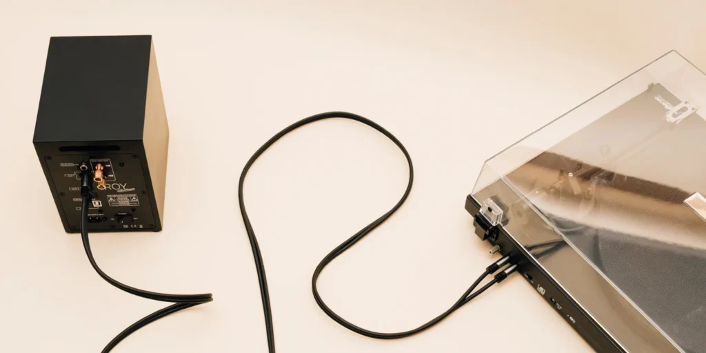 Gadhouse Premium Stereo Cable connects with Mathis turntable and ROY Hi-Fi Bookshelf Speakers